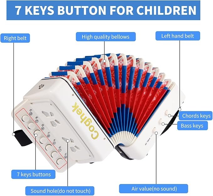 White Mini Accordion for Kids 10-Key Button Compact Accordion Durable Musical Toy for Beginners - Imagem 7